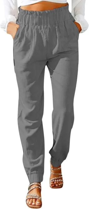 Womens Tapered Pants Linen Drawstring Elastic Waist Casual Solid Color High Waist Palazzo Trousers with Pockets
