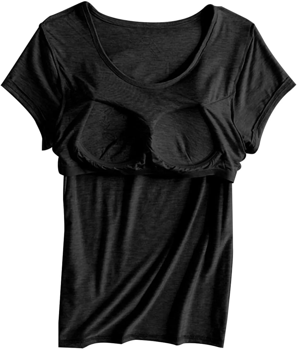 Womens Tops with Built in Bra Short Sleeve Modal Bra Basic Tees Yoga Tops Padded Tshirt Workout Sports Shirts Blouses