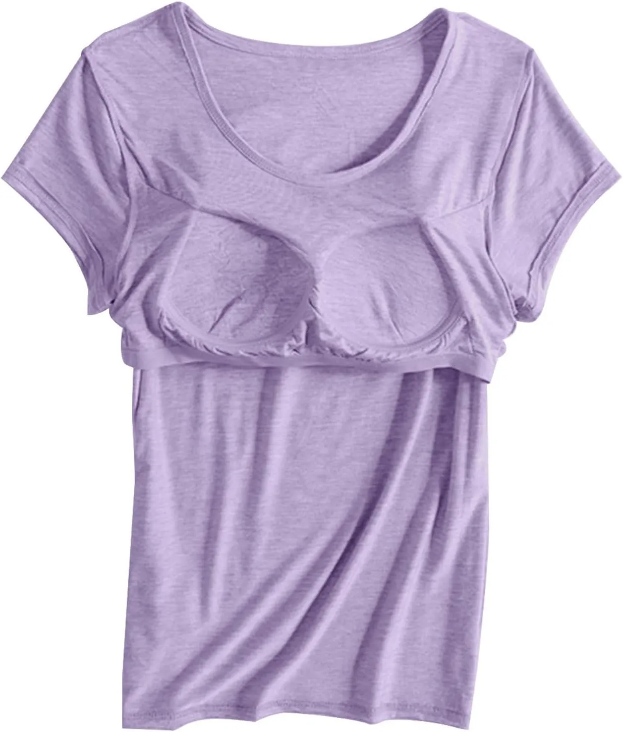 Womens Tops with Built in Bra Short Sleeve Modal Bra Basic Tees Yoga Tops Padded Tshirt Workout Sports Shirts Blouses