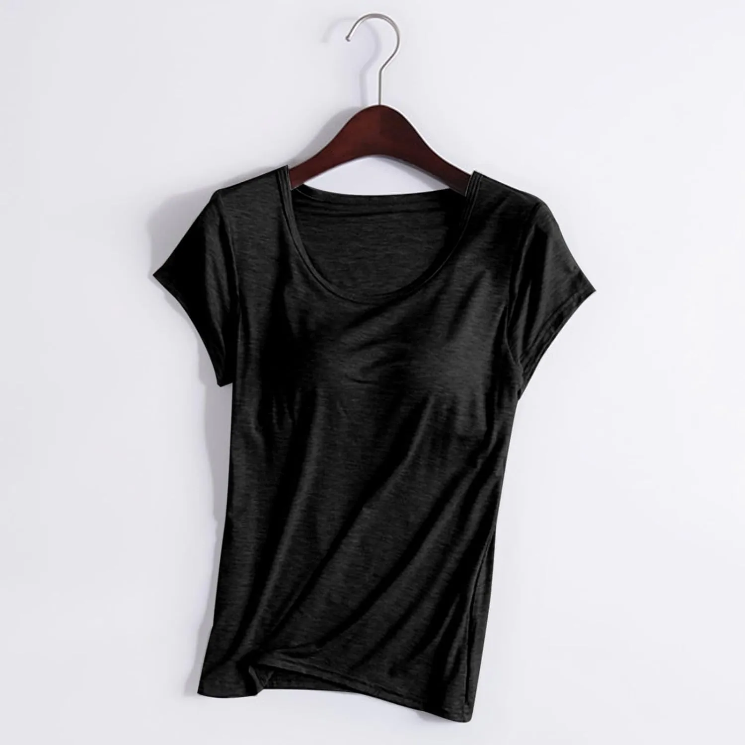 Womens Tops with Built in Bra Short Sleeve Modal Bra Basic Tees Yoga Tops Padded Tshirt Workout Sports Shirts Blouses