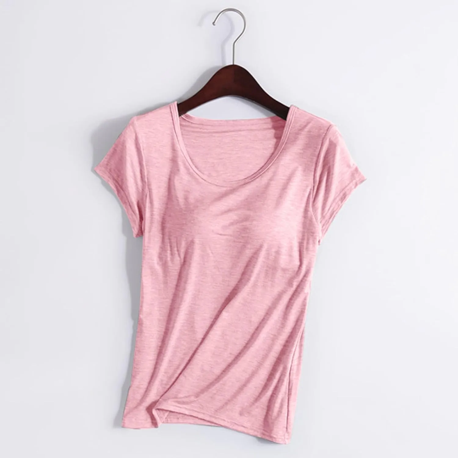 Womens Tops with Built in Bra Short Sleeve Modal Bra Basic Tees Yoga Tops Padded Tshirt Workout Sports Shirts Blouses
