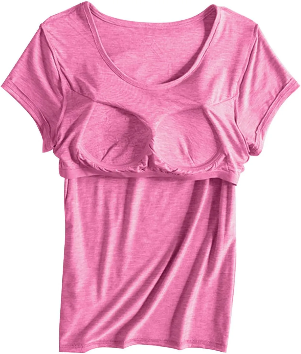 Womens Tops with Built in Bra Short Sleeve Modal Bra Basic Tees Yoga Tops Padded Tshirt Workout Sports Shirts Blouses