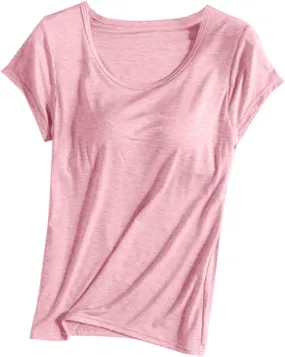 Womens Tops with Built in Bra Short Sleeve Modal Bra Basic Tees Yoga Tops Padded Tshirt Workout Sports Shirts Blouses