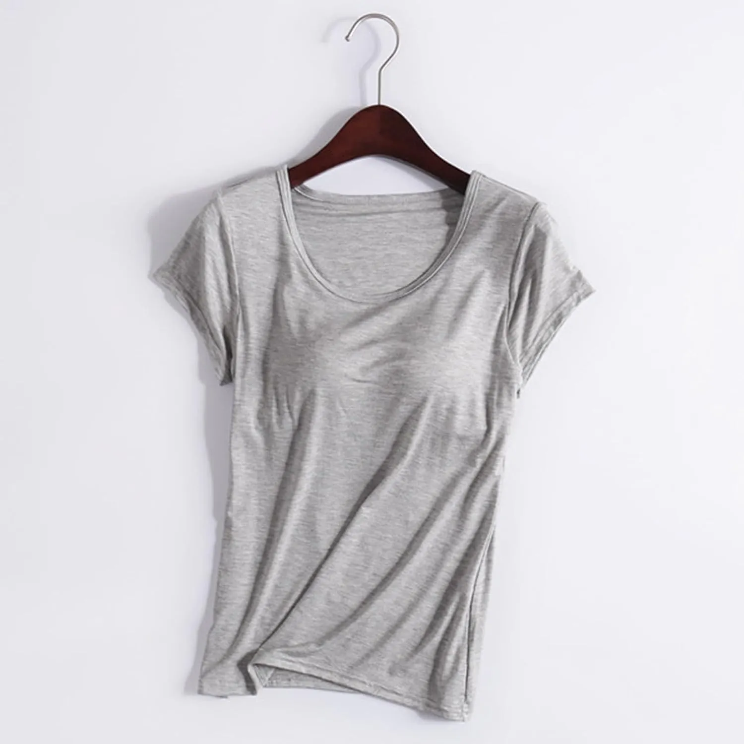 Womens Tops with Built in Bra Short Sleeve Modal Bra Basic Tees Yoga Tops Padded Tshirt Workout Sports Shirts Blouses