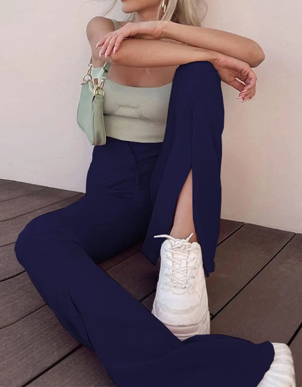 Womens Trendy Leggings Casual Button High Waisted Pants Slim Fit Solid Color Split Hem Athletic Yoga Pants Leggings