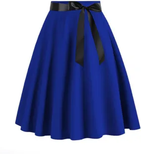Women's Vintage Pleated High Waist Skirt Front Tie Cocktail Party Flare A-Line Solid Color Hepburn Swing Midi Skirts