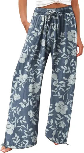 Women's Wide Leg Pants Womens Cotton Casual Loose Pants Comfy Work Pants with Pockets Elastic High Waist Paper Bag