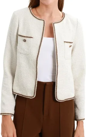 Xintianji Womens Open Front Cropped Blazer Jacket - Uncollared Sparkling Yarn Pockets Long Sleeve Business Casual Blazer