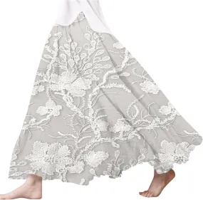 XOWRTE Women's Boho Casual Skirts Summer 2025 Lace Embroidery Elastic Waist Flowy Tiered A-Line Beach Maxi Skirt Swing Cute