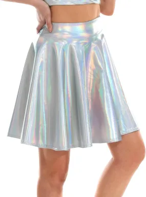 YOLAI Women Glossy Reflective Skirt A Line Pleated Skirt Sexy High Waist Mini Short Skirts