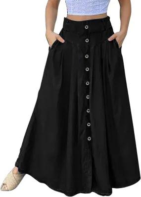 YOLAI Women's Casual Loose Solid Color Skirt A Line High Waist Skirt with Pocket Buttons Maxi Skirt