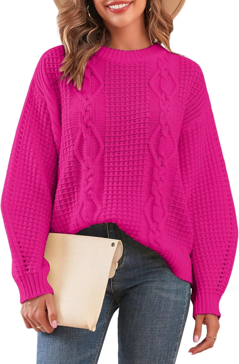 ZAFUL Womens Sweater Cable Knit Oversized Sweaters Crewneck Long Sleeves Casual Knit Pullover Tops