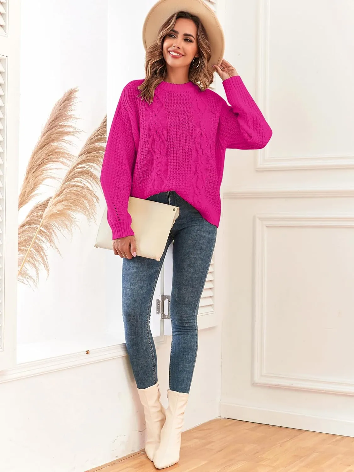 ZAFUL Womens Sweater Cable Knit Oversized Sweaters Crewneck Long Sleeves Casual Knit Pullover Tops