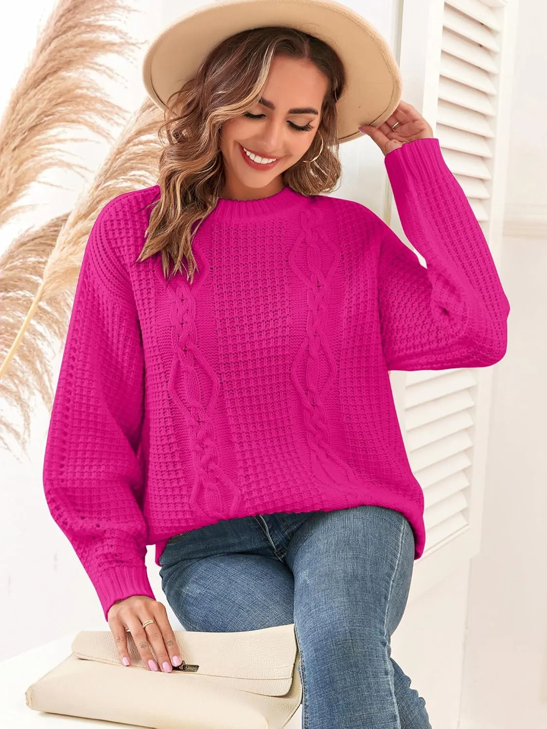 ZAFUL Womens Sweater Cable Knit Oversized Sweaters Crewneck Long Sleeves Casual Knit Pullover Tops