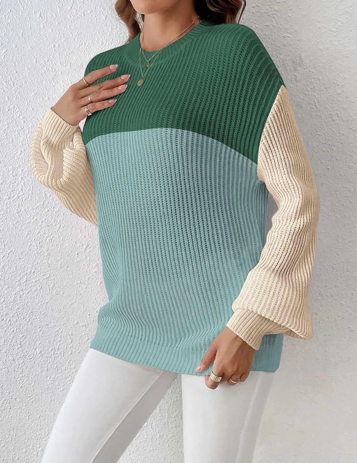 Zeagoo Women 2024 Winter Oversized Sweater Crew Neck Long Sleeve Color Block Pullover Rib Knit Blouse Tops XS-2XL