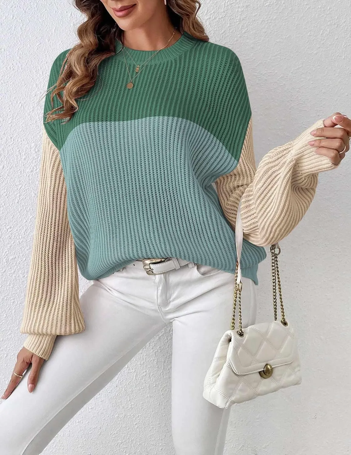 Zeagoo Women 2024 Winter Oversized Sweater Crew Neck Long Sleeve Color Block Pullover Rib Knit Blouse Tops XS-2XL