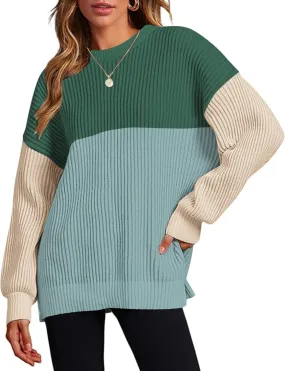 Zeagoo Women 2024 Winter Oversized Sweater Crew Neck Long Sleeve Color Block Pullover Rib Knit Blouse Tops XS-2XL