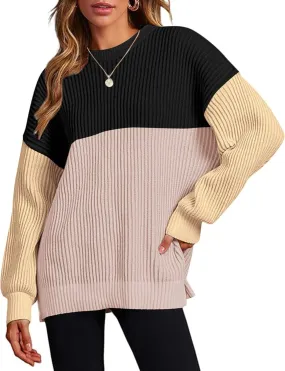 Zeagoo Women 2024 Winter Oversized Sweater Crew Neck Long Sleeve Color Block Pullover Rib Knit Blouse Tops XS-2XL