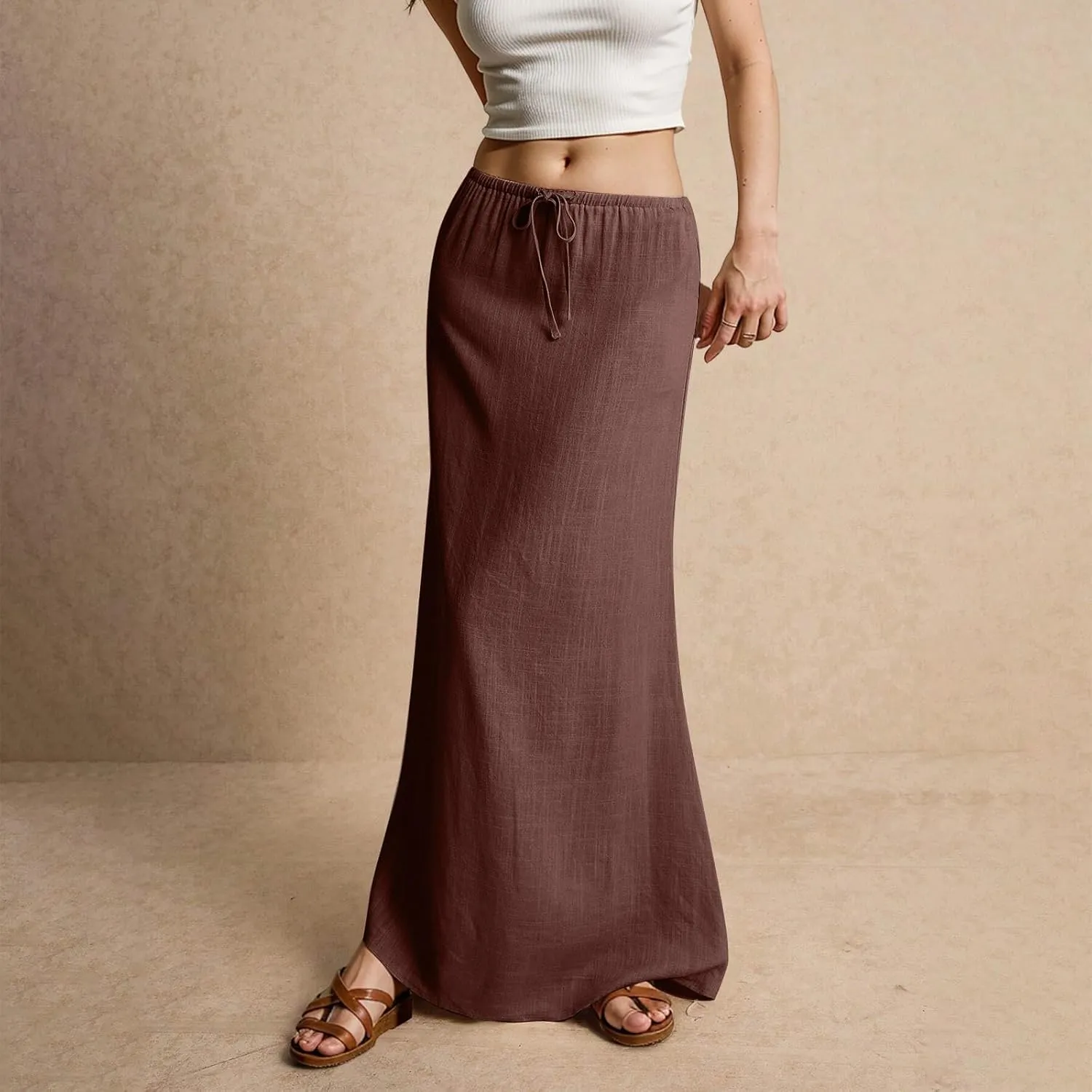 ZWRXW Linen Maxi Skirts for Women Cotton Linen Skirt Elastic Waist Drawstring Waist A Line Skirts Flowy Ankle-Length Skirt